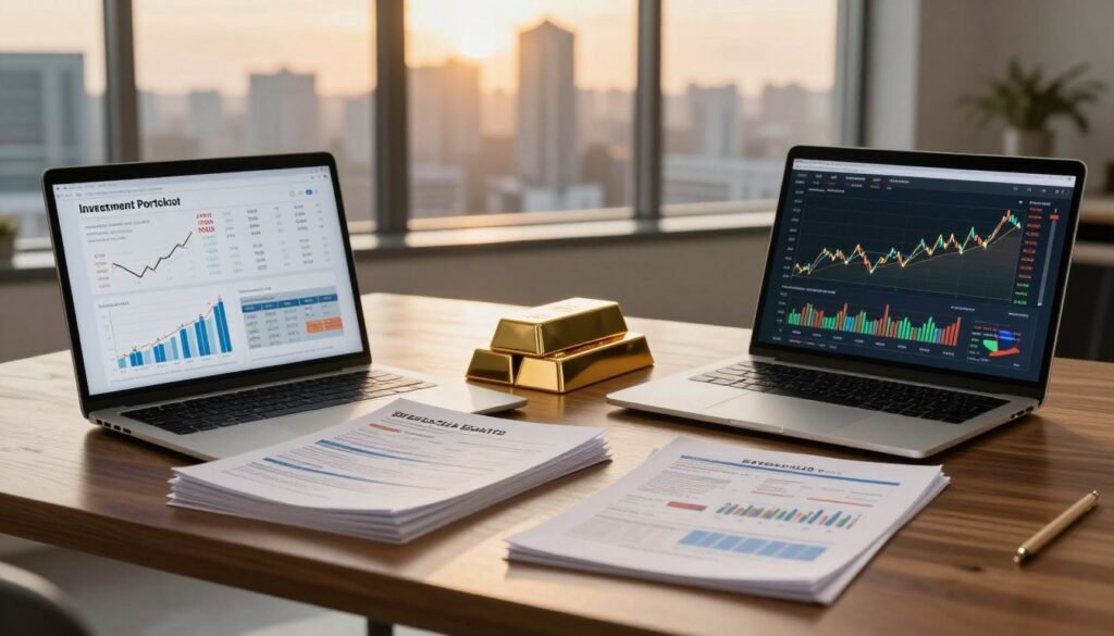 A visually compelling image of a well-organized investment portfolio, displayed on an elegant wooden desk. In the foreground, a sleek laptop with market analysis charts and gold price graphs is open. Beside it, a stack of diversified asset reports including bonds, real estate, and stocks are neatly arranged, hinting at a balanced approach. In the middle ground, a metallic gold bar glimmers under warm, soft lighting, symbolizing wealth and stability. The background features a large window overlooking a city skyline at dusk, casting a golden hue into the room, evoking a sense of optimism and security. The overall atmosphere is sophisticated and professional, reflecting the careful planning behind building an inflation-resistant portfolio for 2026.