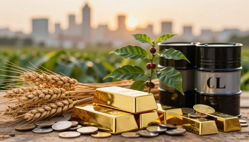 A visually striking depiction of various commodities signifying their role in inflationary periods. In the foreground, gold bars gleam brightly, surrounded by silver coins and brass ingots, symbolizing traditional assets. The middle ground features stacks of wheat, vibrant green coffee plants, and oil barrels, illustrating agricultural and energy commodities. In the background, a softly blurred city skyline is illuminated by a warm golden hour light, creating an optimistic mood. The composition captures dynamic contrasts between the shimmering metals and earthy agricultural tones, symbolizing diversity in investments. Use a shallow depth of field to emphasize the foreground elements while gently fading the background, evoking a sense of depth and engagement with the subject matter.