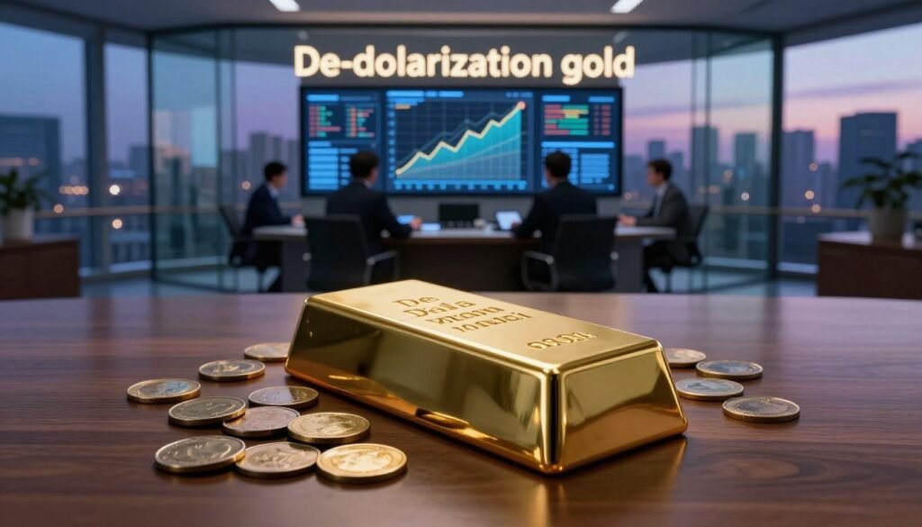 A visually striking scene depicting the concept of "De-dollarization gold." In the foreground, a large, gleaming gold bar sits prominently on a polished wooden table, reflecting a soft, warm light. Surrounding the gold bar, coins scatter, hinting at various global currencies, faded and worn, symbolizing the decline of the dollar. In the middle ground, a sophisticated central bank office features crystal-clear glass walls, where shadowy figures in professional attire converse, examining charts and graphs displayed on high-tech screens that illustrate rising gold demand. The background shows a panoramic city skyline at dusk, with dim blue and purple hues, conveying a sense of impending change and evolution. The atmosphere is serious and contemplative, emphasizing the significance of this financial shift. Soft, natural lighting from the office enhances the mood.
