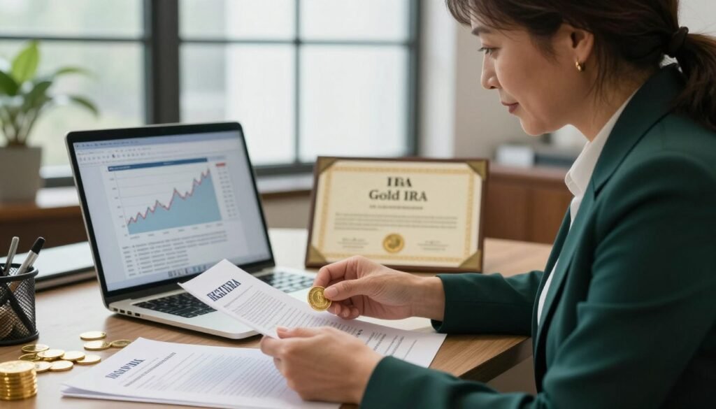 An informative and visually engaging scene depicting the rules for a Gold IRA. In the foreground, a professional-looking middle-aged woman in business attire is seated at a desk, examining gold coins and IRS documents, symbolizing careful investment planning. These documents include bullet points or charts outlining key rules, subtly visible. The middle ground features a laptop displaying financial graphs and an ornate gold IRA certificate. The background shows a classy office with large windows allowing soft, diffused natural light. The atmosphere is serious yet optimistic, emphasizing responsibility and foresight in financial planning. The image should be rich in gold and green colors, conveying wealth and stability, without any text or overlays.