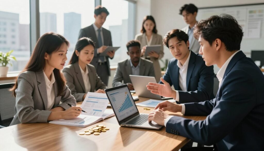 A bustling office setting with a diverse group of professionals reviewing gold IRA investment strategies. In the foreground, two businesswomen in professional attire are analyzing charts on a laptop, while a businessman gestures confidently as he explains their options. The middle ground features a sleek wooden conference table adorned with gold coins and investment brochures. In the background, a large window reveals a city skyline, bathed in warm, natural sunlight that filters through, casting soft shadows across the room. A sense of focused determination and camaraderie fills the atmosphere, reflecting a blend of professionalism and investment foresight. The overall mood is optimistic and forward-thinking, emphasizing the significance of long-term financial security.