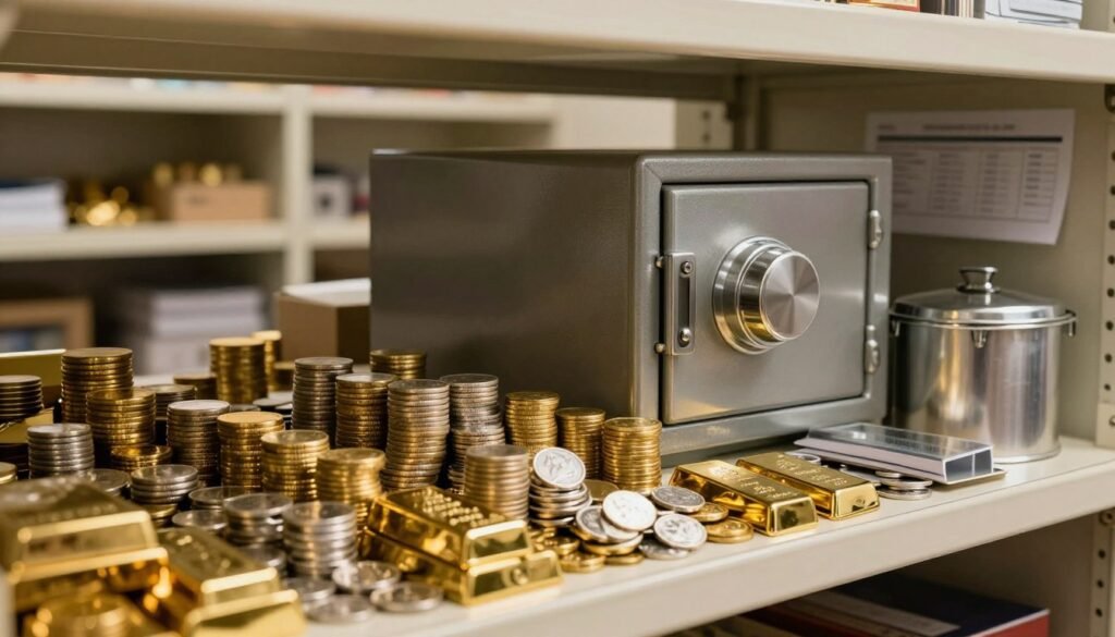 A close-up view of a neatly organized storage area emphasizing gold and silver investments, such as stacks of gold and silver coins and bullion bars meticulously arranged on sturdy shelves. The foreground features gleaming gold and silver items illuminated by warm, soft lighting that highlights their shine and value, creating a sense of security and wealth. In the middle, shiny metallic safes and containers are securely secured, symbolizing the importance of protecting assets. The background shows a dimly lit room with shelves filled with financial documents and market reports, suggesting the logistics behind investment decisions. The atmosphere is professional and calm, invoking trust and confidence in storage solutions for valuable investments. The composition is shot from a slightly elevated angle to capture the depth and organization of the storage space.