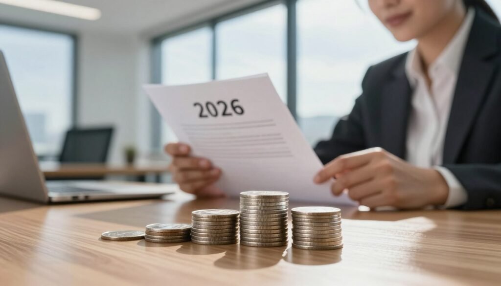 A shimmering silver coin stack in the foreground, symbolizing a Silver IRA, each coin reflecting soft light against a polished wooden surface. In the middle ground, a professional businessperson in smart attire examines financial documents, indicating the investment strategy in silver, with a focused expression. The background shows a sleek, modern office with large windows showcasing a bright, clear sky, symbolizing optimism for 2026. Warm, natural light floods the scene, creating a welcoming and hopeful atmosphere. Soft shadows add depth and dimension, emphasizing growth potential. The overall mood conveys professionalism and future-forward thinking, aligned with the strategic benefits of investing in silver.
