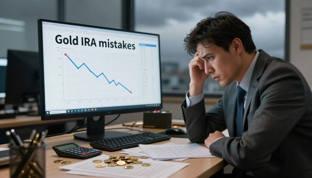 A visually striking workspace focused on the theme of 'Gold IRA mistakes.' In the foreground, a concerned business owner in professional attire examines a cluttered desk filled with documents, calculators, and gold coins carelessly scattered, symbolizing financial missteps. The middle layer features a large monitor displaying charts and graphs with downward trends, highlighting poor investment choices. In the background, a window reveals a cloudy sky, casting a dim light, creating a tense atmosphere. Soft lighting accentuates the worried expression on the business owner’s face. The angle is slightly tilted to emphasize confusion and urgency. Overall, the mood is one of caution and reflection, illustrating potential pitfalls in managing a Gold IRA.